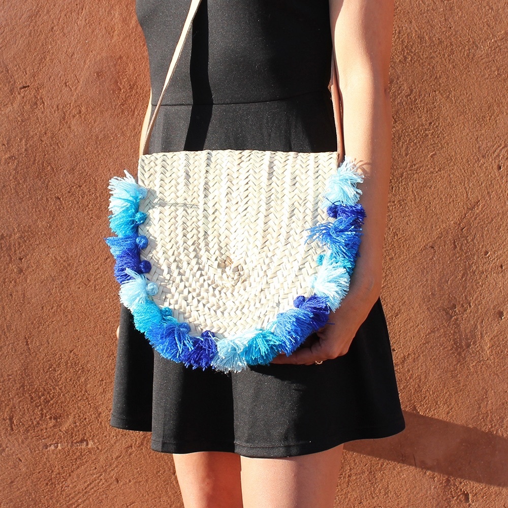 Mail Bag Straw French baskets long leather handle pom pom